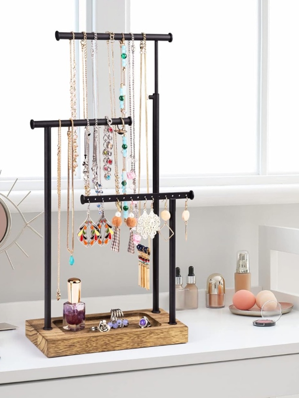 NEW jewelry and accessories organizer stand carbonized black stand wooden base